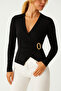 Women's Long Sleeve Buckle Detailed V-Neck Double Breasted Design Blouse