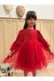 Red Twinkle Fabric with Tulle Skirt Cotton Lining Bow Long Sleeve Girls' Baby Dress - 6