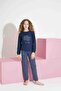 Tarik Women's Navy Blue Leaf Pattern Mother-Daughter Matching Thermal Winter Warm Soft Pajama Set - 5