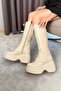 Women's Beige Leather Lace-Up Detailed Zippered 9 cm Heeled Platform Boots - 2
