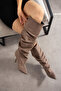 Venice Taupe Cow Suede Extra Wide Shaft Bellows Thin Heel Boots - 3
