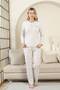 Heart Patterned Women's Pajama Set - Gray Melange Long Sleeve Lycra Viscose 2870Uy