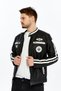 Men's Black and White Striped Racer Style Biker Coat with Arma Print Detail, Pockets, and Zipper Racer Jacket - 6