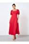 Solid Puff Sleeve Square Neck Midi Dress - 3