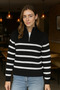 Women's Black and White Ribbed Half Zipper Collar Detailed Striped Sweater