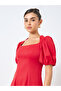 Solid Puff Sleeve Square Neck Midi Dress - 4