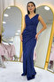 Satin Double Breasted Neckline Zero Sleeve Slit Evening Dress Red, Navy Blue, Yellow, Black - 4