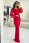 Chiffon Sleeve Detail Off Shoulder Mermaid Evening Dress Black, Powder, Red, White, Baby Blue, Pink - 6