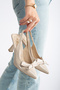 Beige Patent Leather Bow Detailed Open Back Thin Heeled Shoes - 7