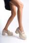 Women's Cream Skin Thin Buckle 8 cm Heeled Platform Shoes - 3