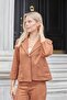 Women's Collared Relaxed Fit Long Sleeve Lightweight Lycra Suede Fabric Buttoned Pocketed Blazer Jacket-Tan - 4