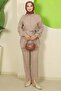 Elegant Stone Detailed Double Suit Mink Hm2813 - 5