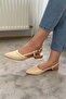 Women's Beige Patent Leather Open Back Pointed Toe Casual Ballet Flats - 2
