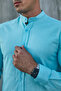Turquoise Judgement Collar Lycra Linen Cotton Slim Fit Shirt - 3