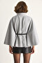 Women's Gray Gold Button Detailed Belted Poncho 2712 60261570 - 8