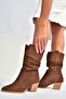 J404040002 Brown Suede Thick Heeled Women's Boots