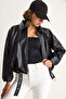 Women's Black Oversize Buckle Leather Jacket 3137 60284058 - 3
