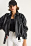 Women's Black Oversize Buckle Leather Jacket 3137 60284058 - 6