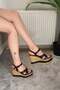 Women's Black Leather Cross Strap Wedge Sole Shoes - 2