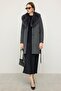 Shawl Collar Fur Waist-Tied Coat Dark Gray 3093 - 3