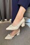 Women's Cream Skin Stone Bow 5 cm Thick Heeled Shoes - 2