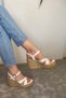 Women's White Leather Cross Strap High Wedge Cork Sole Shoes & Sandals K-900 - 3