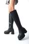 Women's Black Leather Swivel Zipper 8 cm Platform Heeled Below-The-Knee Boots - 4