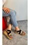 Women's Black Straw Detailed Elastic Thick Cork Sole Orthopedic Sandals K-220 - 4