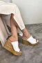 Women's Holi White 10 cm Tolga Cork Sole Slippers K-920 - 2