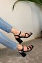 Women's Black Leather Three Buckle 9 cm Thick Heeled Shoes - 4