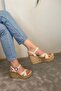 Women's Beige Leather Cross Strap High Wedge Cork Sole Shoes & Sandals K-900 - 3