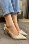 Women's Cream Patent Leather Pointed Toe Open Back 8 cm Heeled Shoes - 4