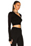 Women's Black Asymmetrical Neckline Long Sleeve Finger-Loop Sandy Fabric Crop Blouse - 2