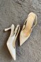 Women's Cream Patent Leather Pointed Toe Open Back 8 cm Heeled Shoes - 5