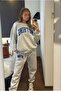 Printed Oversize Winter 3 Thread Gray-Black Crew Neck Sweatshirt and Sweatpants Set for Women