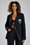 Women's Denim Paneled Lace Print Detail Blazer Jacket