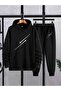 Men's Airplane Printed Hooded Top and Bottom Black Gray Tracksuit Set Oversize Boyfriend - 2