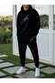 Men's Airplane Printed Hooded Top and Bottom Black Gray Tracksuit Set Oversize Boyfriend