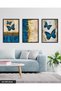 Blue Butterfly Gold Sparkling 3 Piece Black Wooden Framed Painting - 3