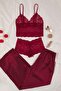 Bordo 3'lü Çeyiz Set Üst Dantel, Alt Saten Askılı Külotlu Dokuma Pijama Takımı THMAW26PT00077 - 2