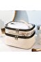 Women's Makeup Bag Beige Leather Transparent Practical Stylish Double Compartment Zippered Travel Makeup Bag - 2