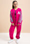 Fuchsia Written College Jacket Girl's Striped 3 Thread Hooded Tracksuit Set 21297 - 5