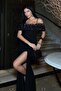 Black Crepe Fabric Stone Accessory Design Strapless Neckline Slit Detail Strap Maxi Dress 583170 - 8