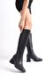 Women's Below the Knee Black Heeled Shiny Detailed Zippered Leather Look Long Boots - 3