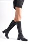 Women's Below the Knee Black Heeled Shiny Detailed Zippered Leather Look Long Boots - 7