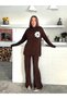 Women's Brown Stylish Floral Embroidered Half Turtleneck Sweater Pants Bottom Top Knitwear Set - 3