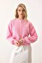 Pink Soft Bearded Yarn Balloon Sleeve Buttoned Knit Cardigan