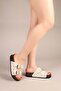 Feles Double Buckle Cork Sole Stone Detailed Women's Slippers White - 5
