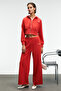 Morvella women's embroidered regular fit red tracksuit bottoms