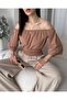 Women's Madonna Collar Waist Gimped Spanish Sleeve Crop Blouse Camel - 5